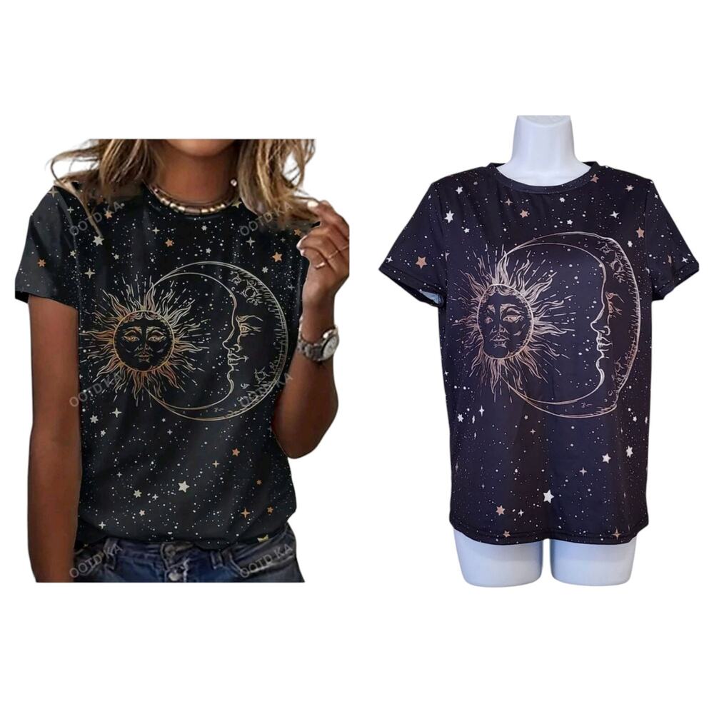 Shein Womens Sun Moon Graphic Tee Size M Navy Blue Short Sleeve Crew Neck Top